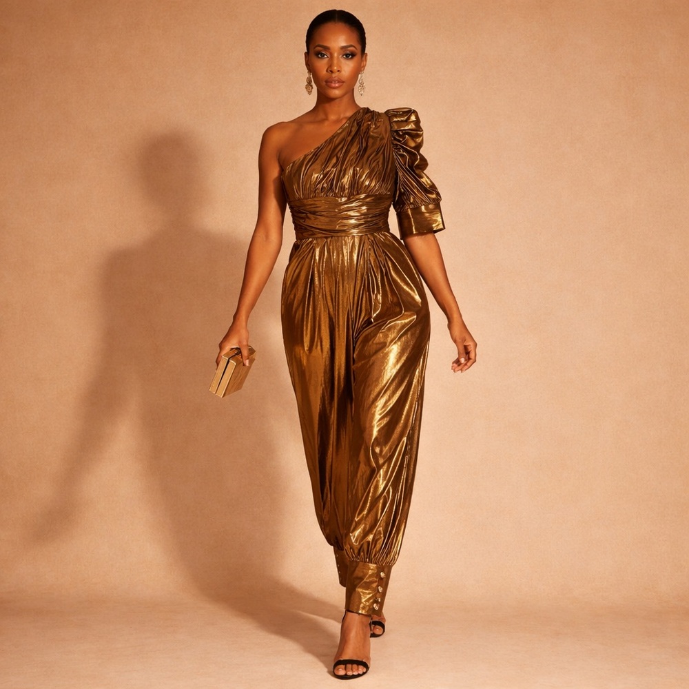 Metallic Gold One Shoulder Jumpsuit Draped Lamé Statement Wide Leg Glam Party
